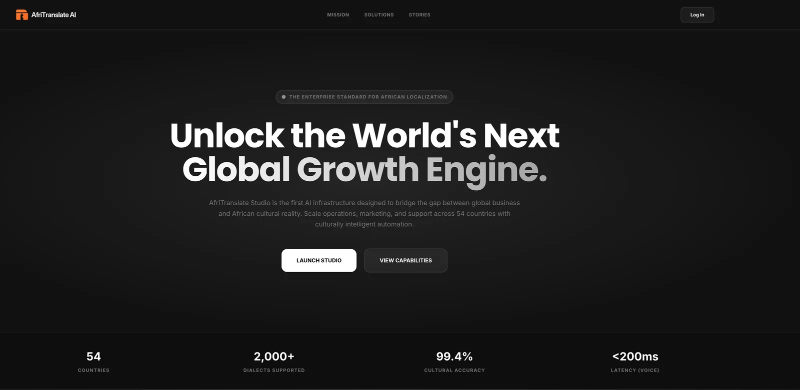 AfriTranslate AI Studio landing page showing coverage across 54 countries and platform performance stats