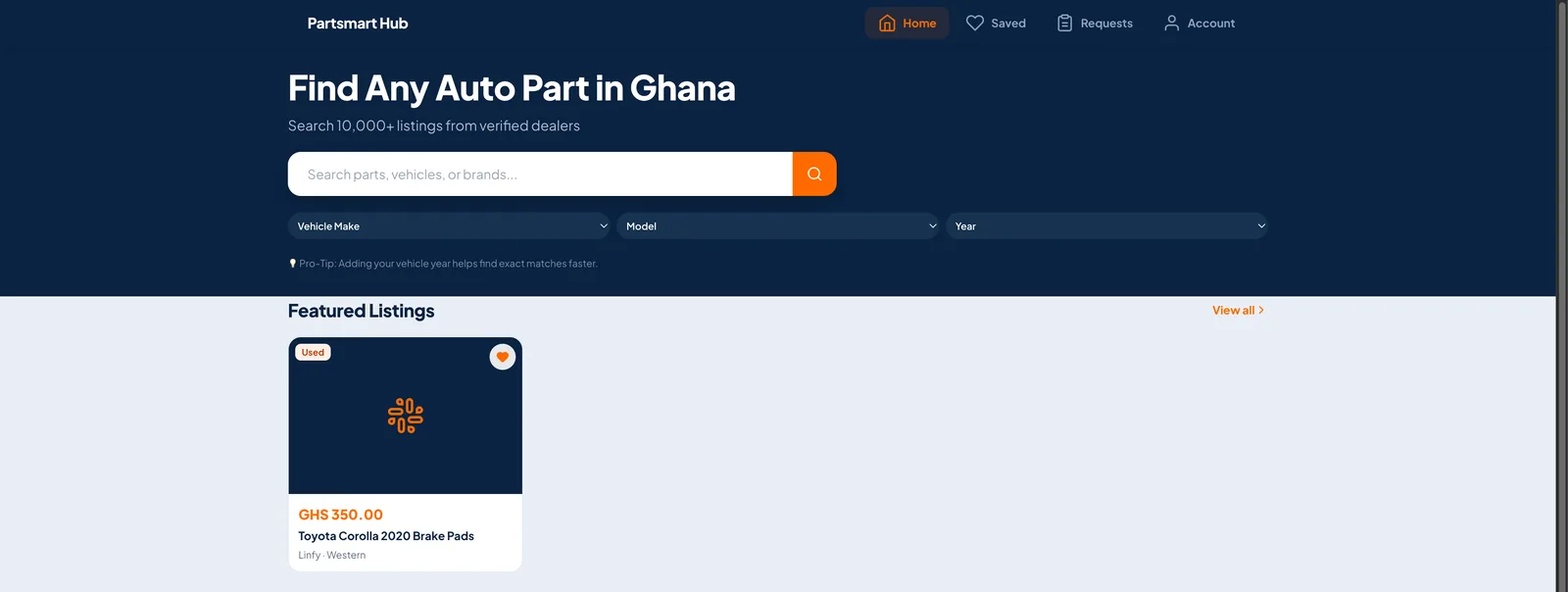 PartsMart Hub auto-parts marketplace interface showing search and a featured listing